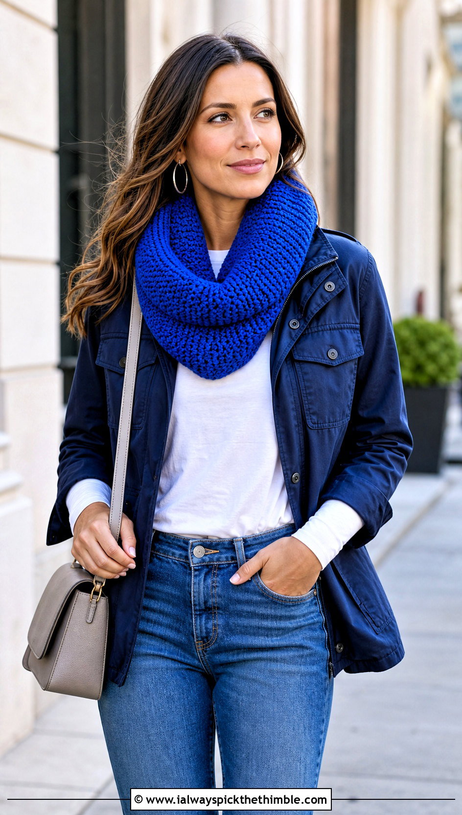 Single Crochet Infinity Scarf With Straight Leg Jeans - 20 Beginner Crochet Infinity Scarf outfit ideas