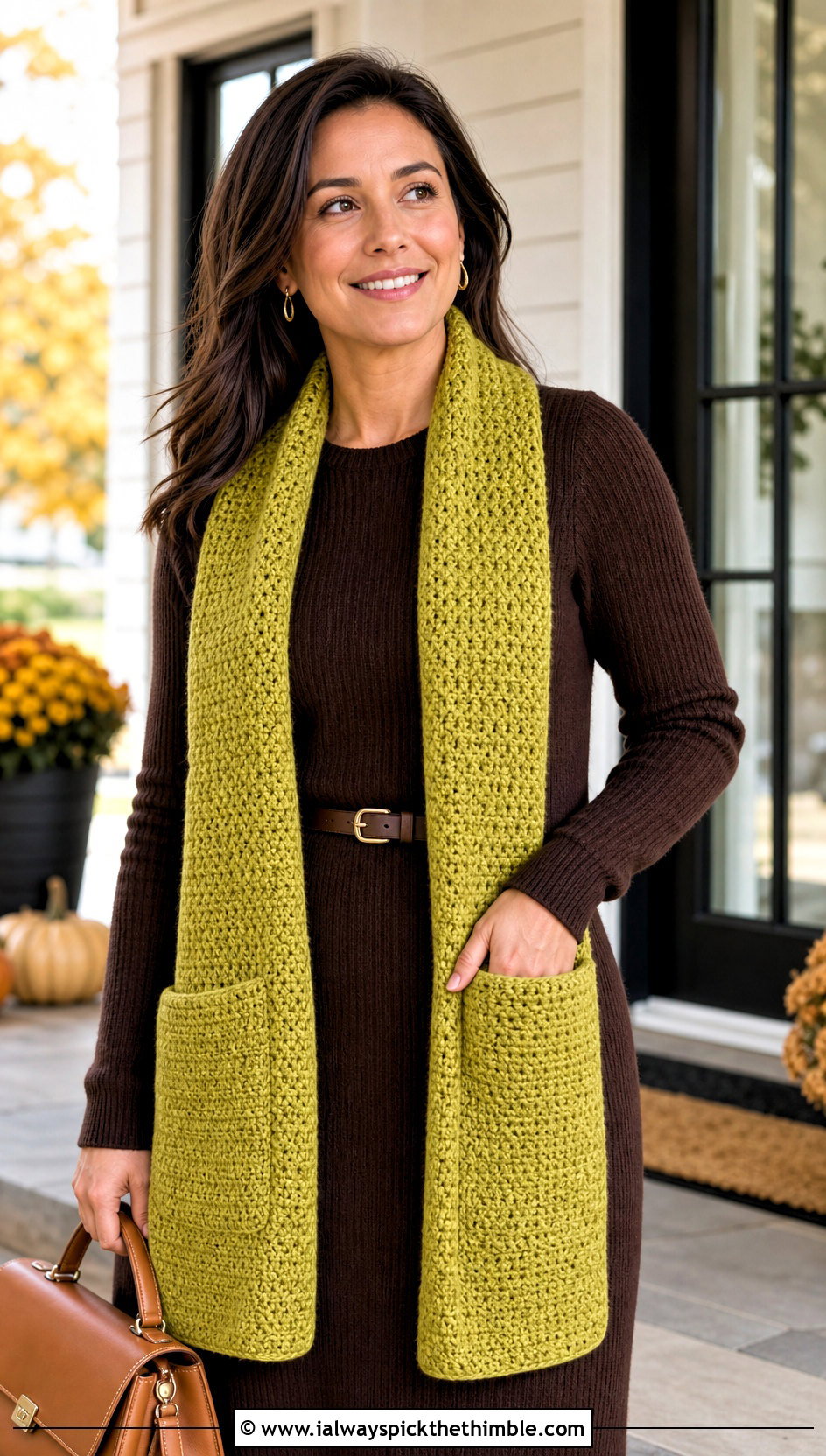 Single Crochet Pocket Scarf With Sweater Dress - 20 Single Crochet Scarf outfit ideas