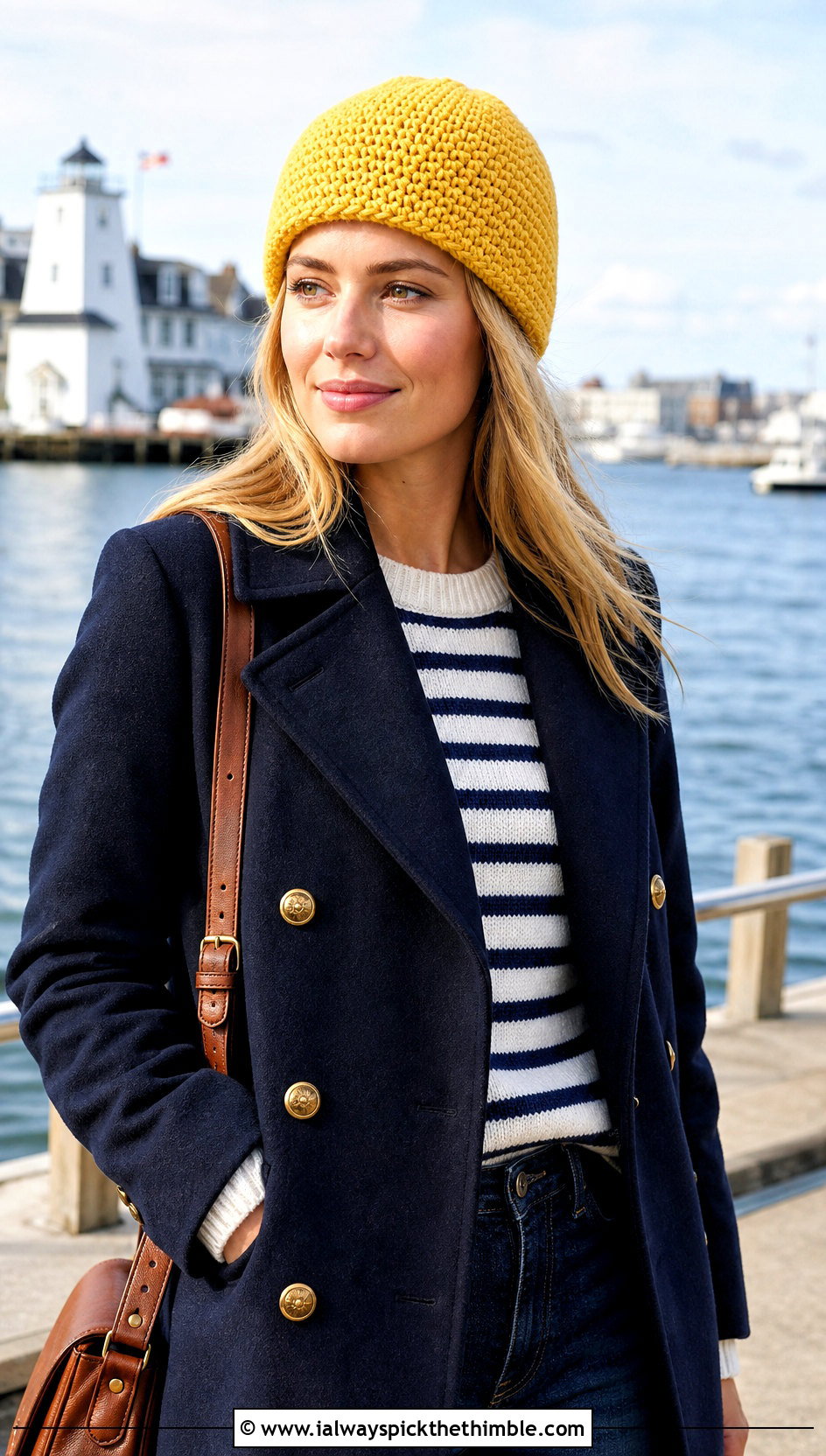 Single Crochet Rectangle Beanie With Peacoat And Straight Jeans - 20 Crochet Rectangle Beanie outfit ideas
