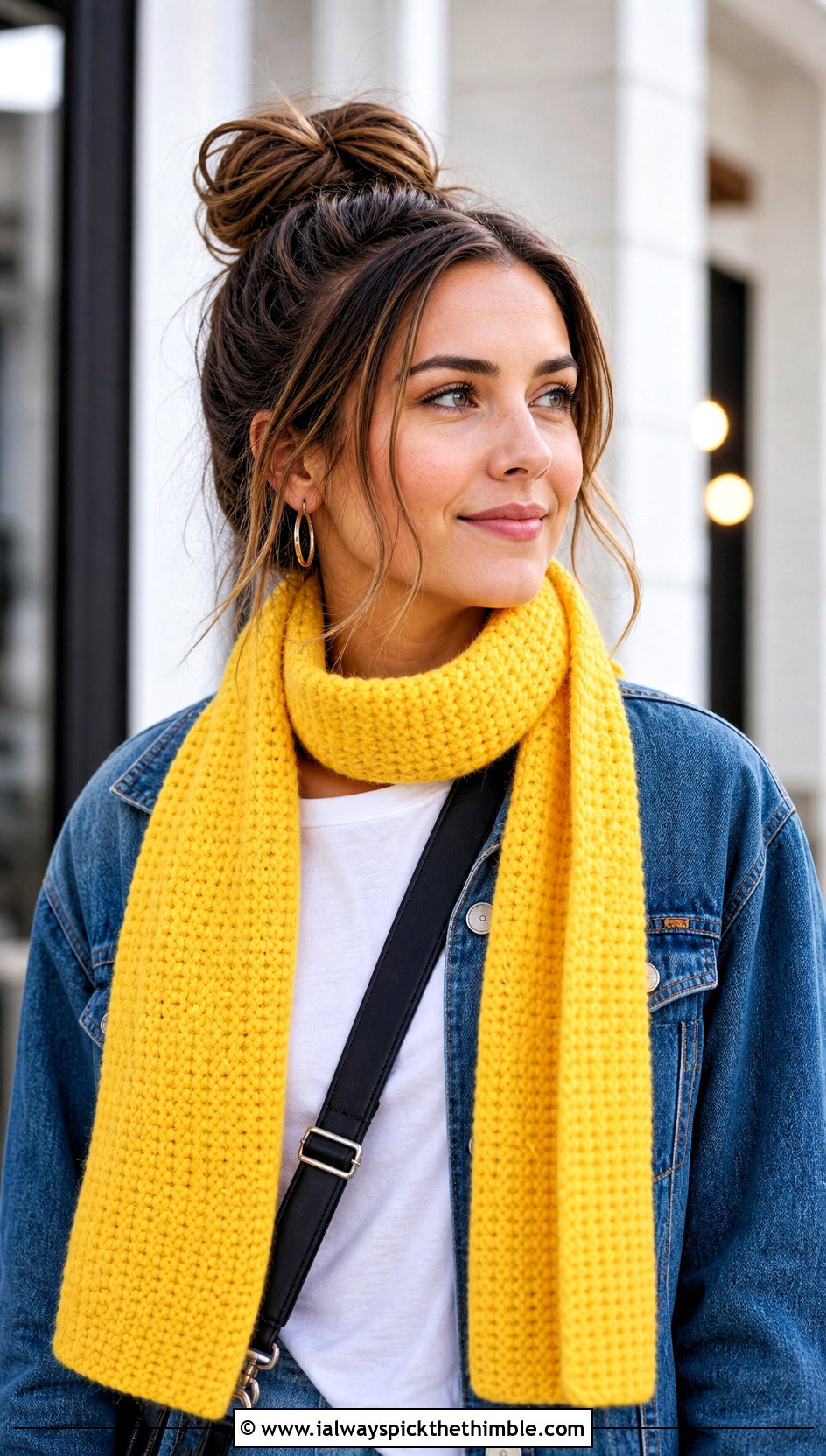 Single Crochet Scarf With Denim Jacket - 20 Crochet For Beginners Scarf outfit ideas
