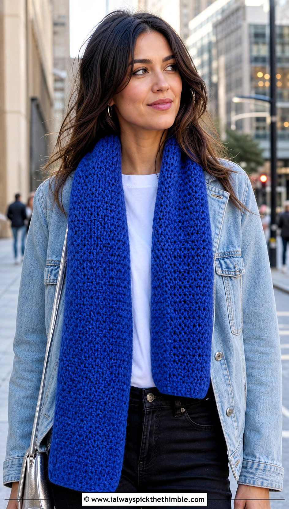 Single Crochet Scarf With Denim Jacket - 20 Beginner Crochet Projects Scarf outfit ideas