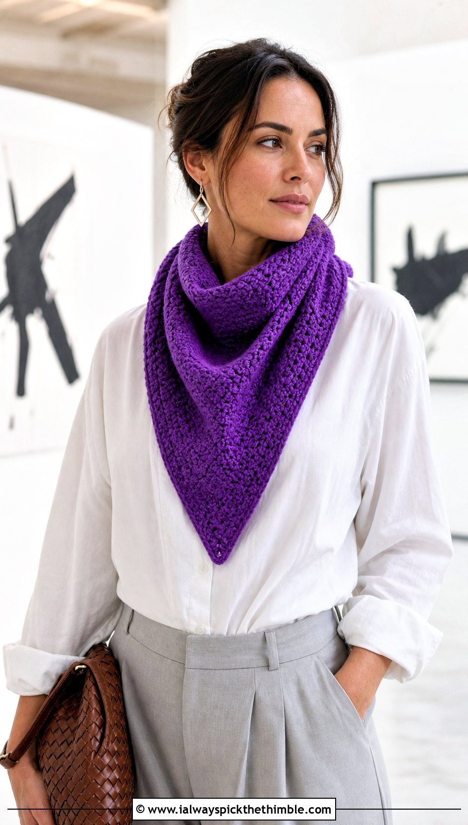 Single Crochet Triangle Scarf With White Shirt And Trousers - 20 Single Crochet Scarf outfit ideas