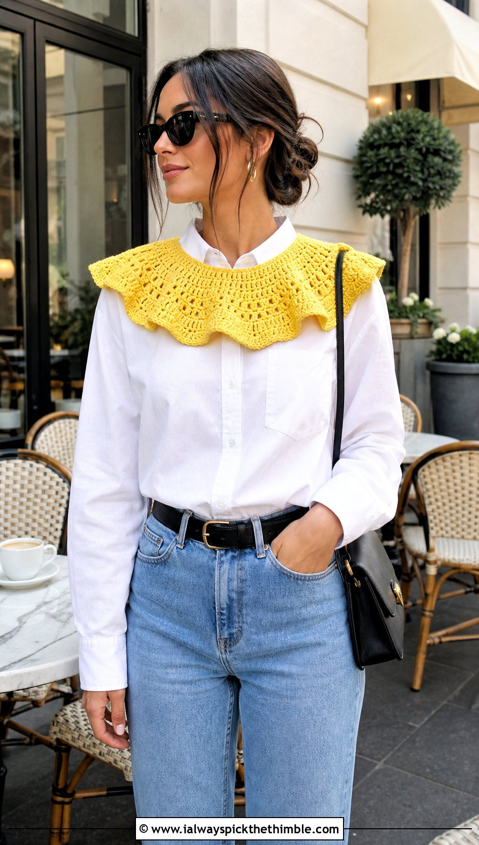 Single Layer Ruffle Crochet Clown Collar With White Shirt And Jeans - 25 crochet clown collar outfit ideas