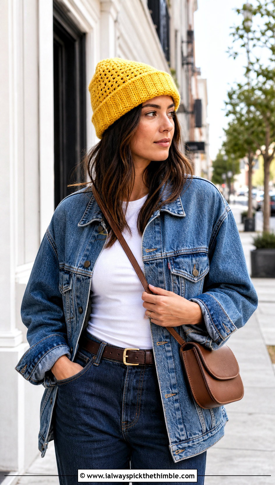 Single Stitch Crochet Cuffed Beanie With Denim Jacket And Jeans - 15 Single Stitch Crochet Hat outfit ideas
