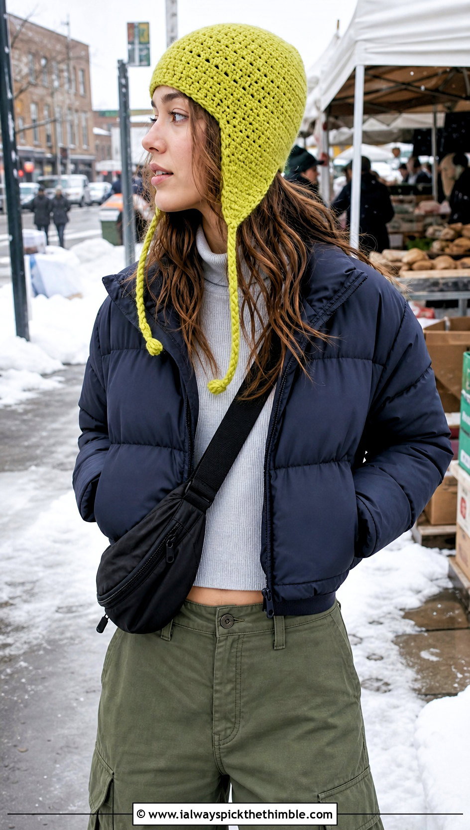 Single Stitch Crochet Earflap Hat With Puffer And Cargo Pants - 15 Single Stitch Crochet Hat outfit ideas