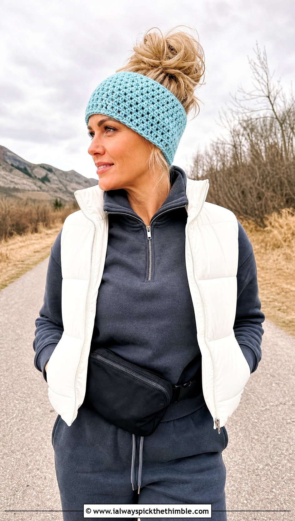 Single Stitch Crochet Messy Bun Beanie With Quarter Zip And Joggers - 15 Single Stitch Crochet Hat outfit ideas