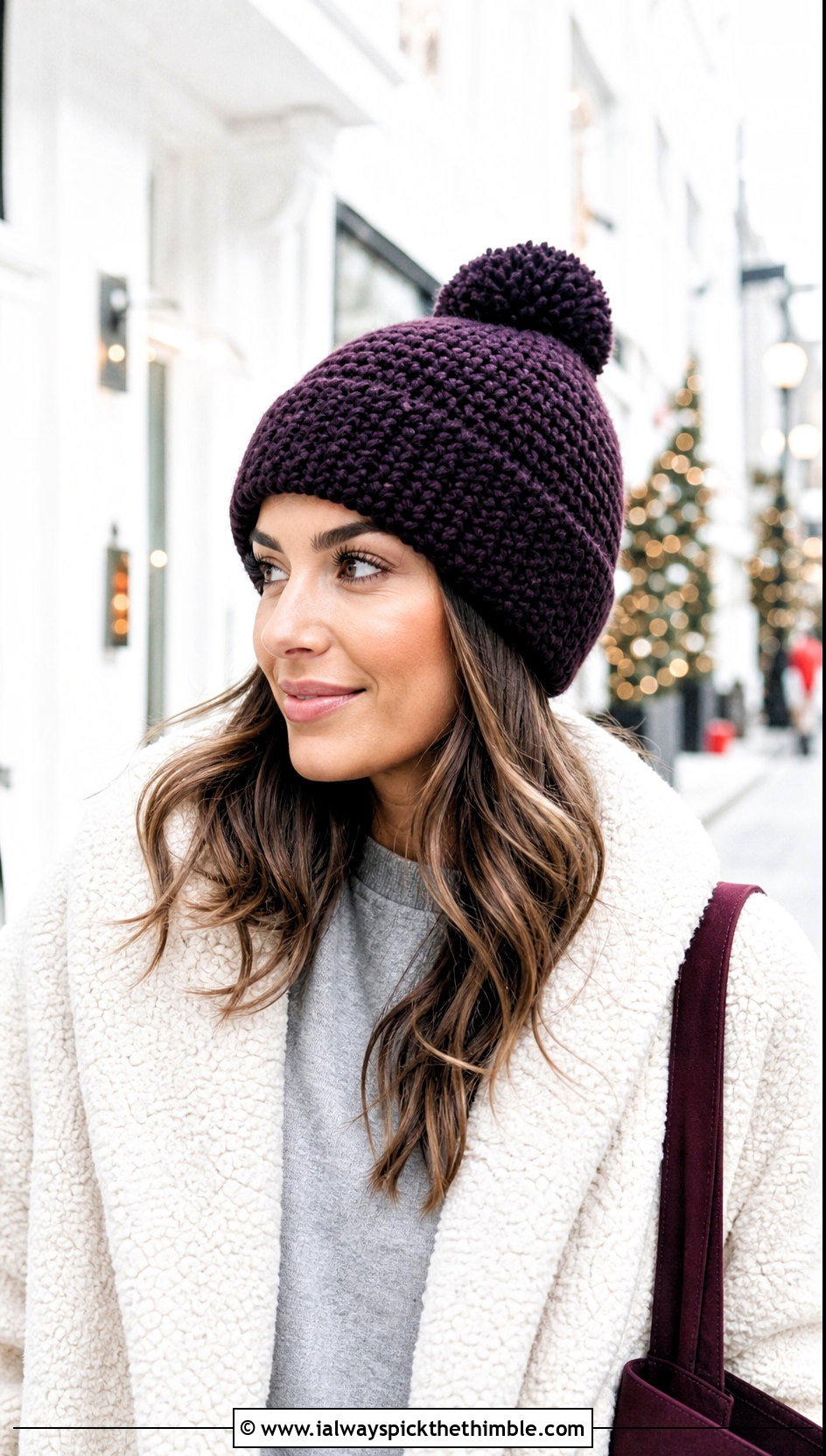 Single Stitch Crochet Pom Pom Beanie With Sherpa Coat And Leggings - 15 Single Stitch Crochet Hat outfit ideas
