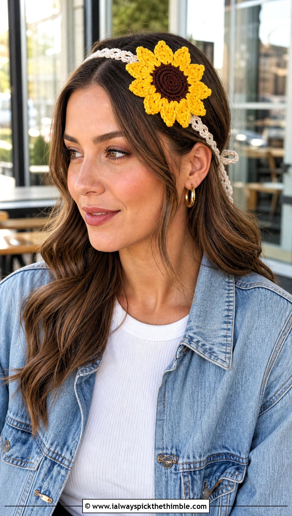 Single Sunflower Tie Back Crochet Headband With Jeans - 20 Crochet Sunflower Headband outfit ideas