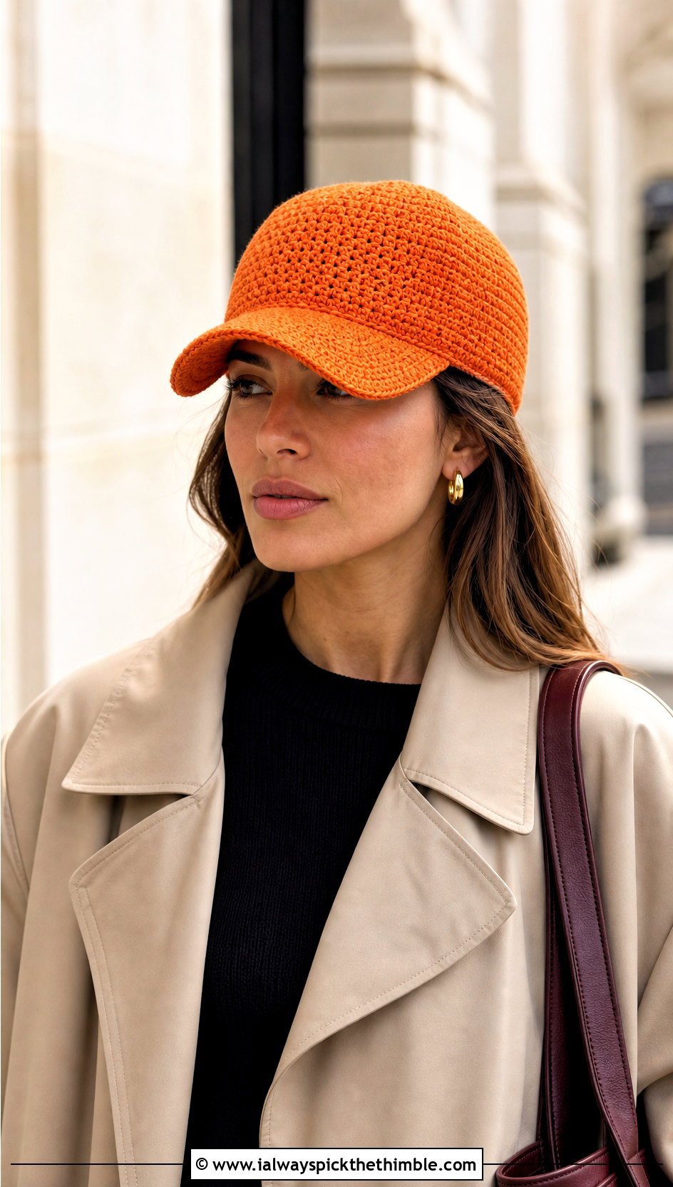 Six Panel Crochet Baseball Cap With Trench Coat And Loafers - 20 crochet baseball cap outfit ideas