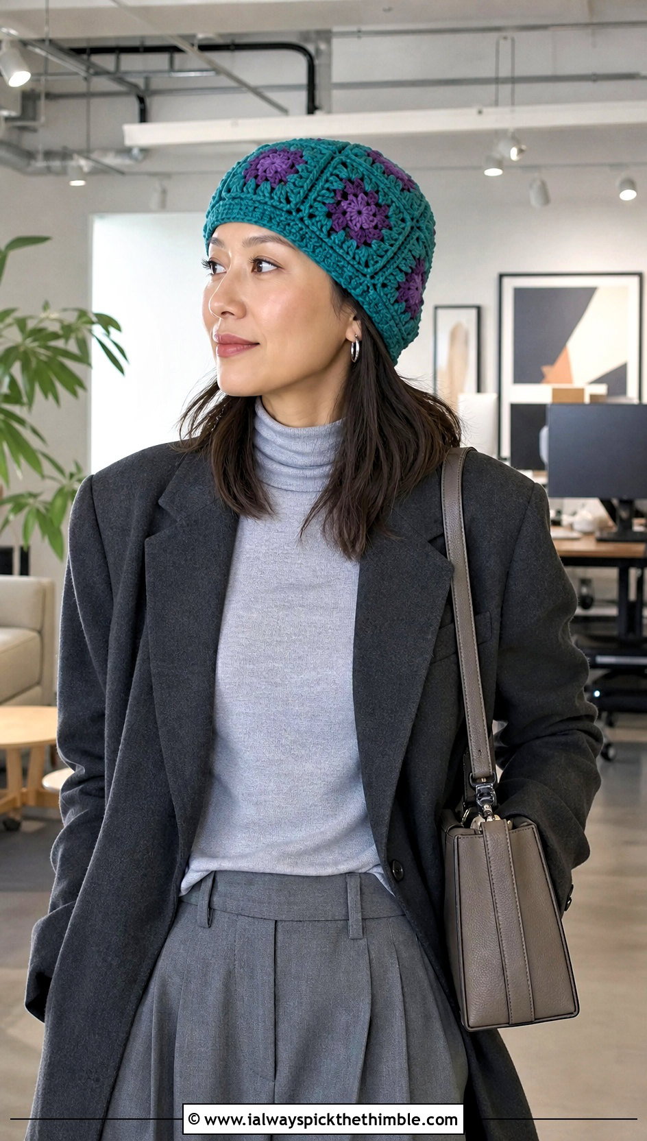 Six Square Crochet Beanie With Blazer And Wide Leg Trousers - 20 square crochet beanie outfit ideas