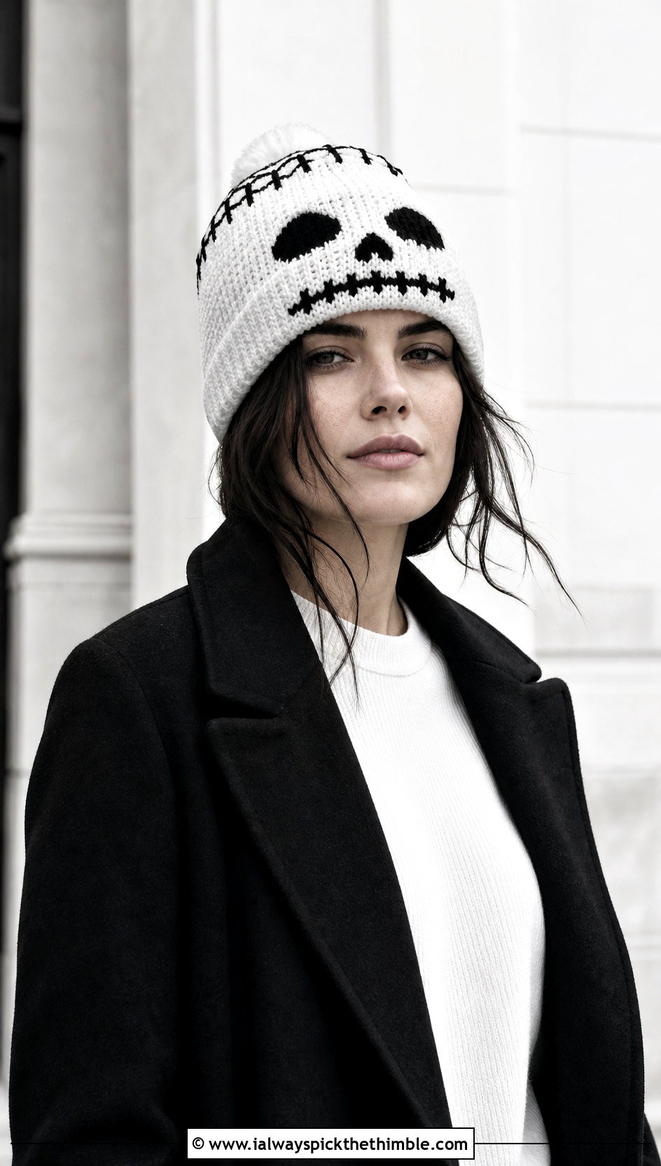 Skeleton Cuffed Crochet Beanie With Monochrome Outfit - 20 Halloween Crochet Beanies outfit ideas