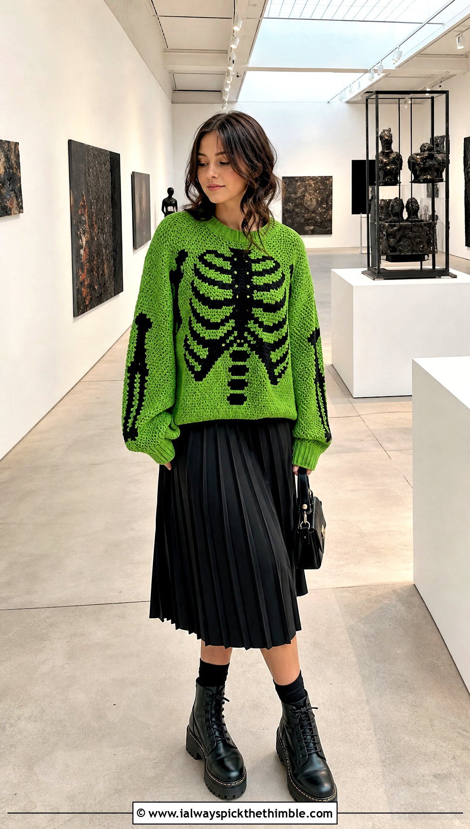 Skeleton Drop Shoulder Halloween Crochet Jumper With Pleated Skirt - 15 Halloween Crochet Jumper outfit ideas
