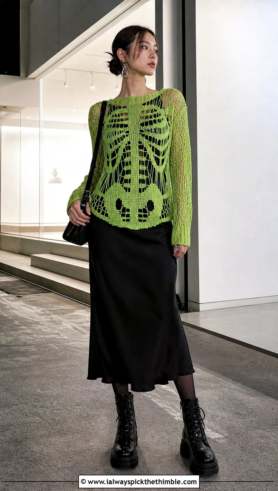 Skeleton Filet Spooky Crochet Sweater With Slip Dress - 15 Spooky Crochet Sweater outfit ideas