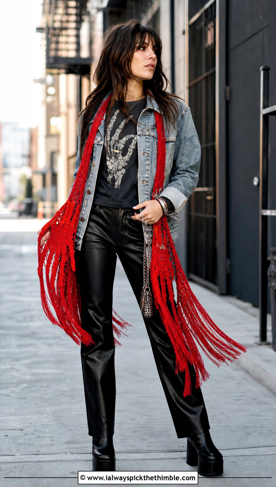 Skeleton Hand Fringe Shawl With Leather Pants - 20 Crochet Halloween Shawl outfit ideas