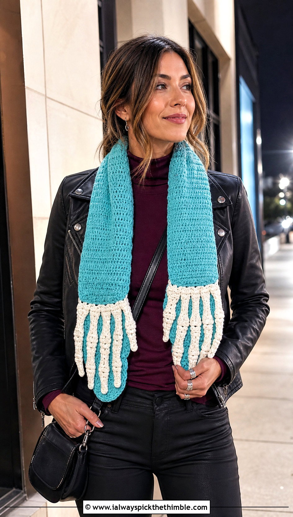 Skeleton Hand Halloween Scarf With Moto Jacket - 20 crochet halloween scarf outfit ideas