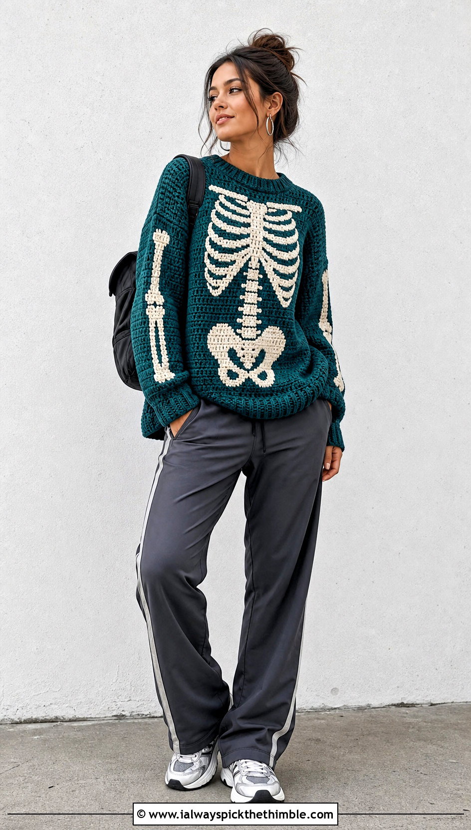 Skeleton Tapestry Crochet Halloween Sweater With Track Pants - 25 Crochet Halloween Sweater outfit ideas