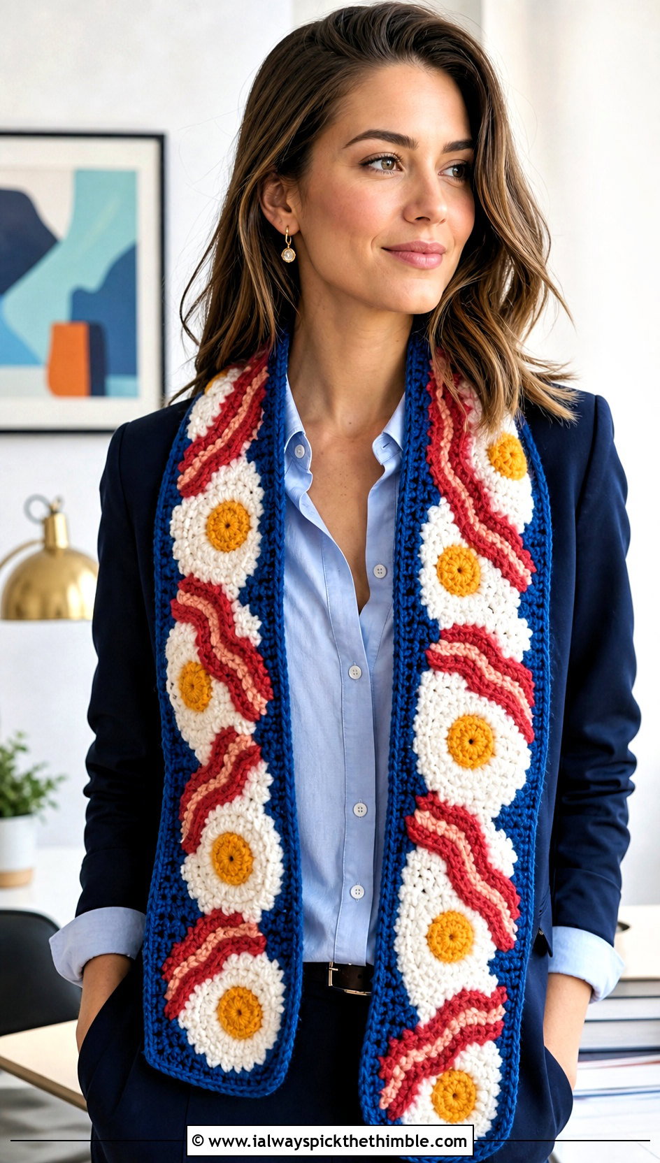 Skinny Bacon And Eggs Scarf With Blazer And Jeans - 20 Crochet Bacon And Eggs Scarf outfit ideas
