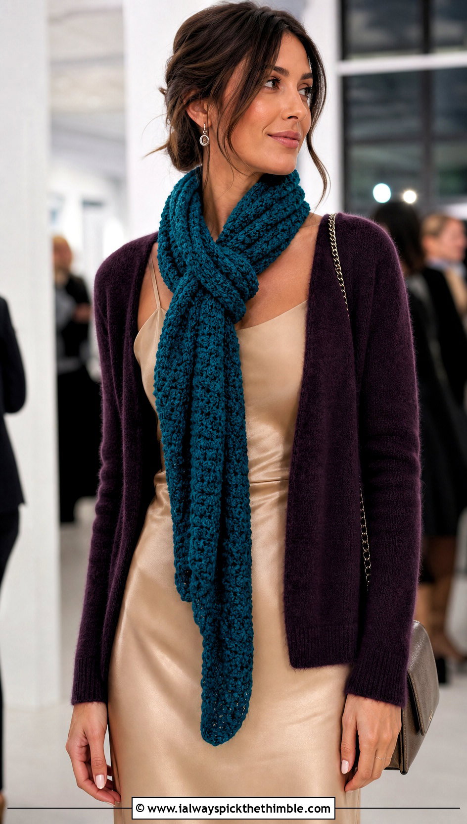 Skinny Bulky Crochet Scarf With Slip Dress And Cardigan - 15 Crochet For Scarves Using Bulky Yarn outfit ideas