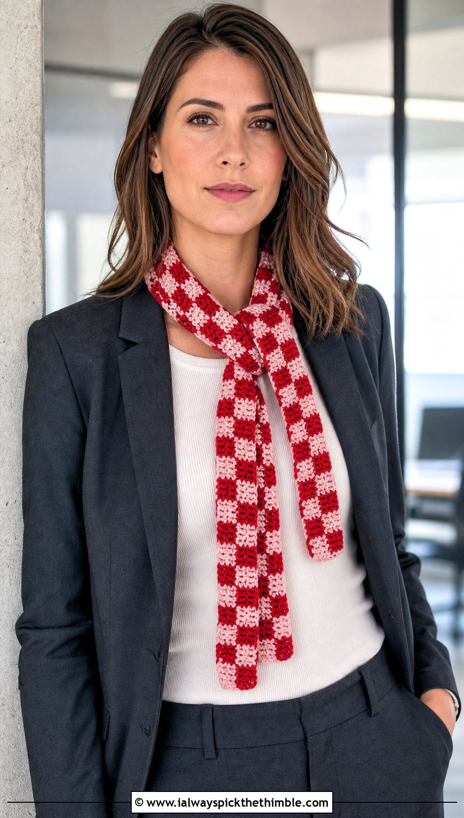 Skinny Checkered Crochet Scarf With Trouser Suit - 20 Checkered Crochet Scarf outfit ideas