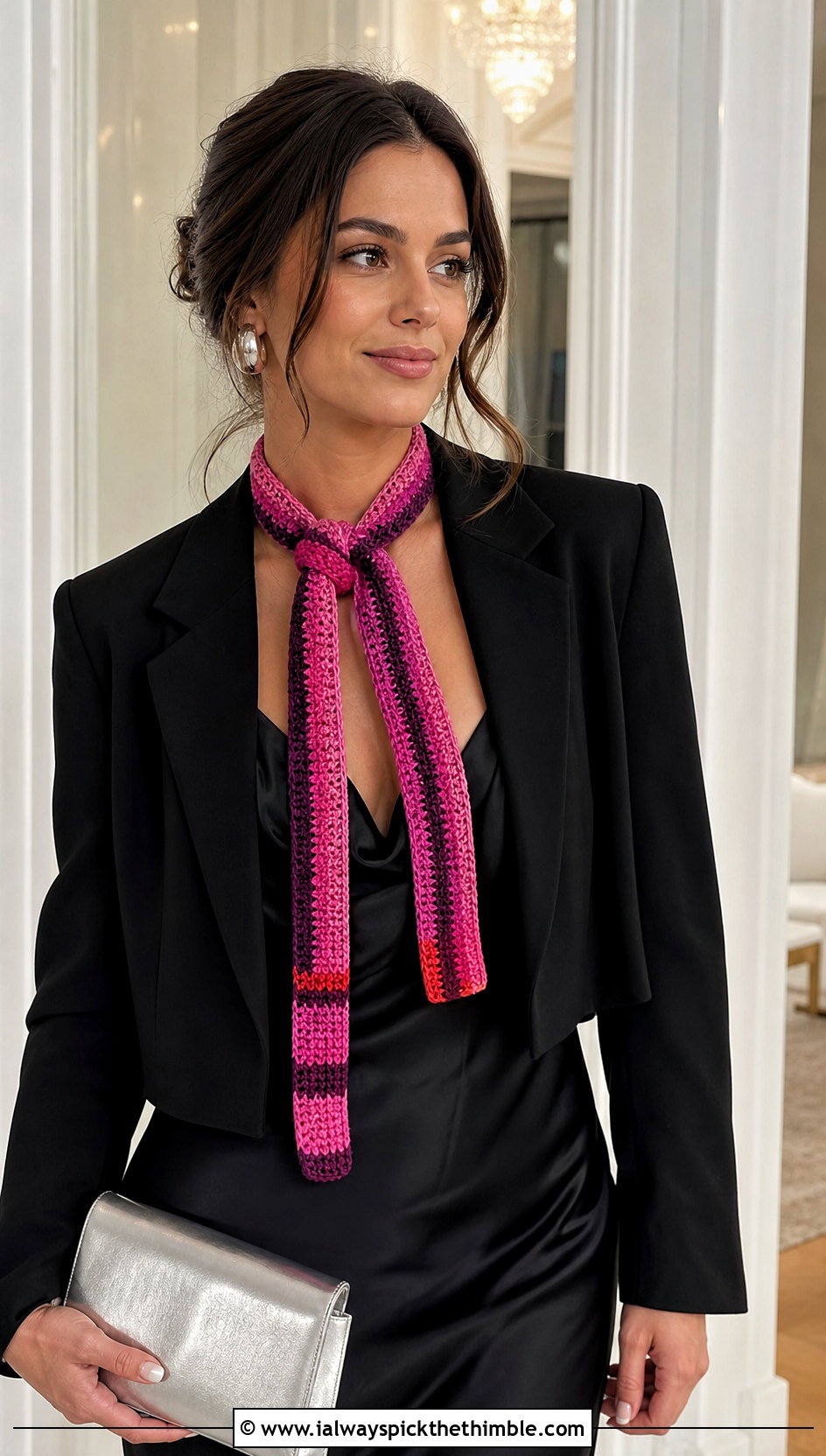 Skinny Crochet Candy Scarf With Satin Midi Dress - 15 crochet candy scarf outfit ideas