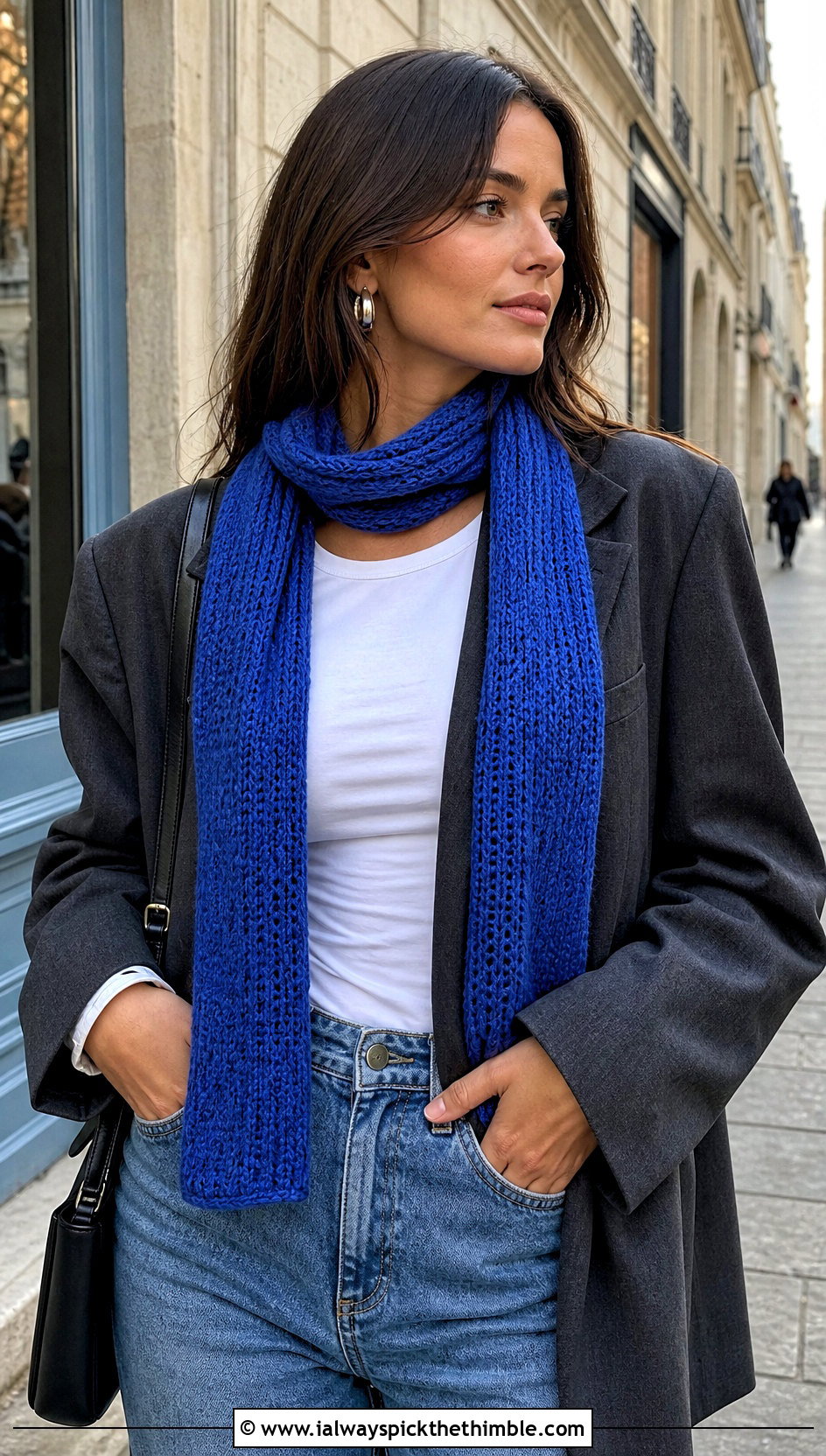 Skinny Crochet Cashmere Scarf With Blazer And Jeans - 20 crochet cashmere scarf outfit ideas