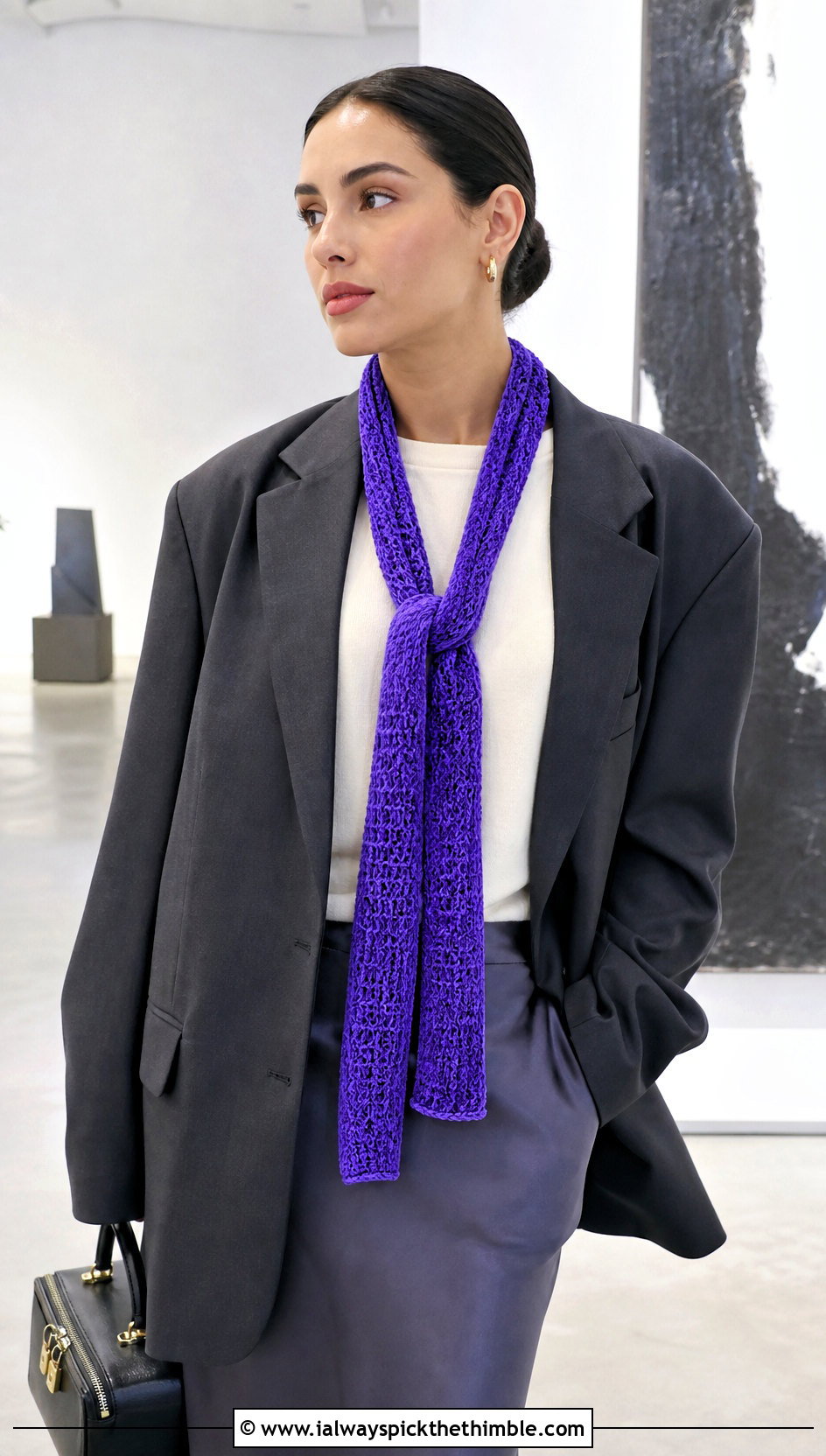 Skinny Crochet Chenille Scarf With Blazer And Satin Skirt - 20 crochet chenille scarf outfit ideas