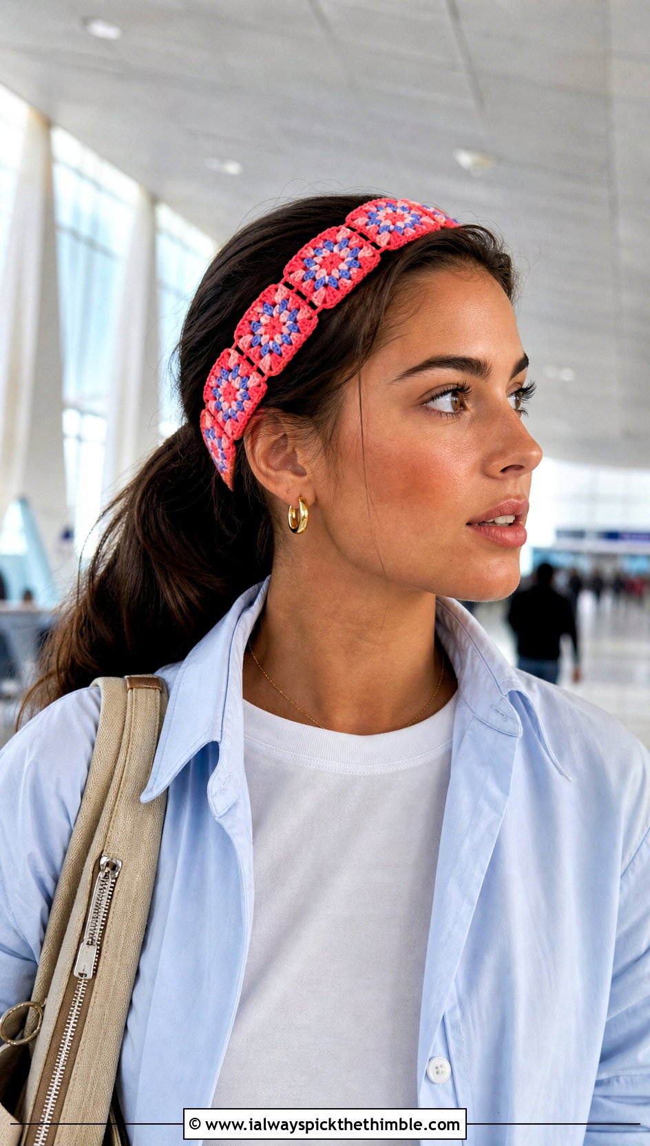 Skinny Crochet Granny Square Headband With Travel Outfit - 15 Crochet Granny Square Headband outfit ideas