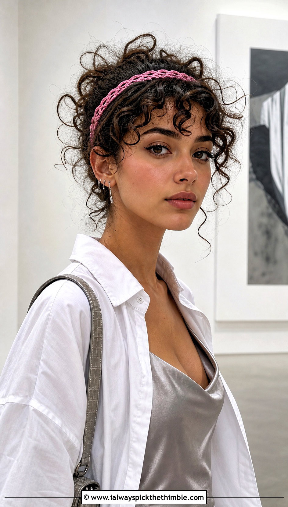 Skinny Crochet Headband With Satin Slip Dress - 20 crochet headband curly hair outfit ideas