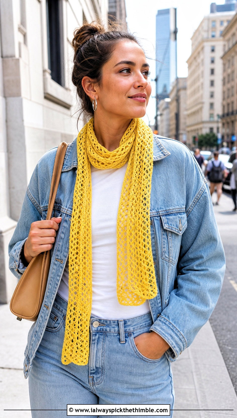 Skinny Crochet Mesh Scarf With White T Shirt And Jeans - 20 Crochet Mesh Scarf outfit ideas