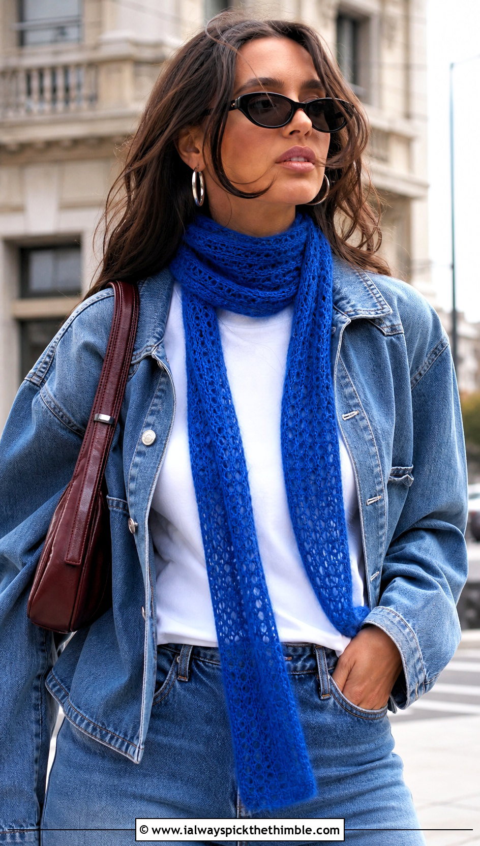 Skinny Crochet Mohair Scarf With Denim Jacket - 20 crochet mohair scarf outfit ideas
