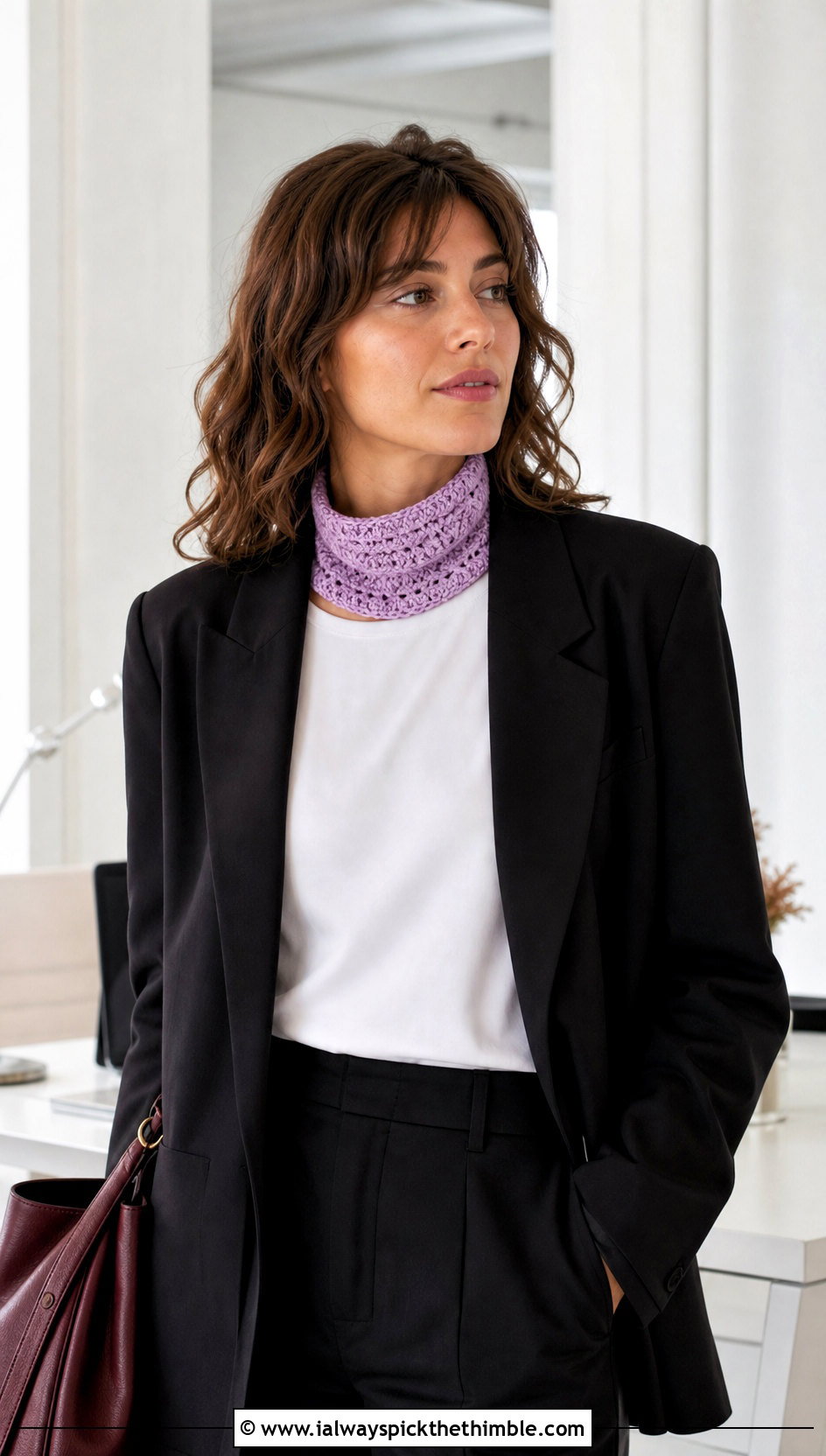Skinny Crochet Neck Warmer With Pantsuit - 25 crochet cowl outfit ideas