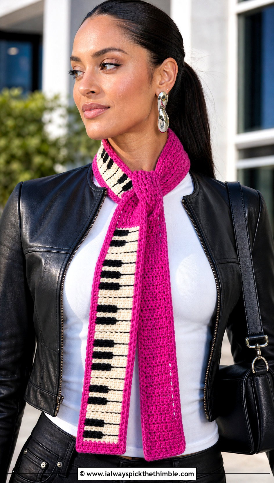 Skinny Crochet Piano Scarf With Leather Jacket - 25 crochet piano scarf outfit ideas