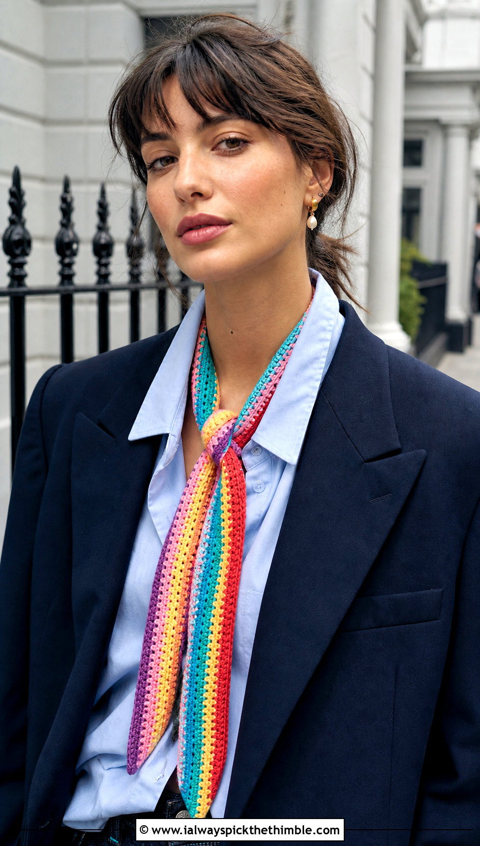 Skinny Crochet Rainbow Scarf With Blazer And Wide Leg Jeans - 15 Crochet Rainbow Scarf outfit ideas