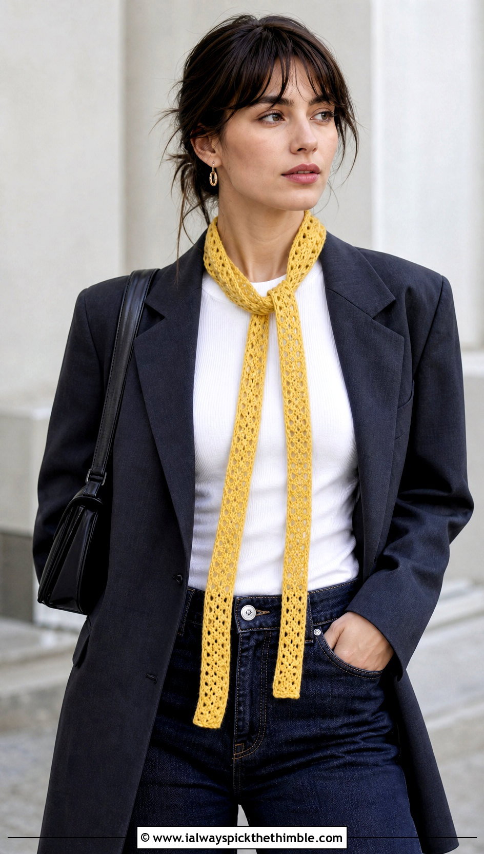 Skinny Crochet Scarf With Blazer And Jeans - 25 cute crochet scarf outfit ideas