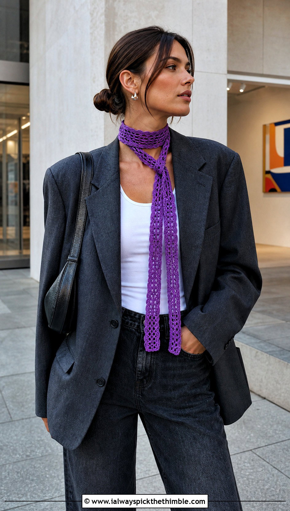 Skinny Crochet Scarf With Blazer And Jeans - 25 easy crochet scarf outfit ideas
