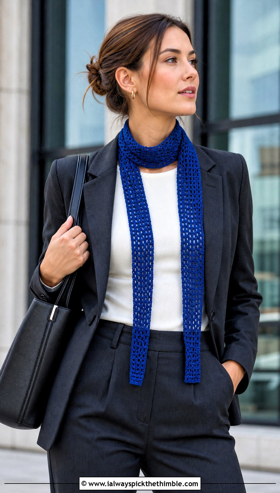 Skinny Crochet Scarf With Blazer And Tailored Trousers - 15 Small Neck Crochet Scarf outfit ideas