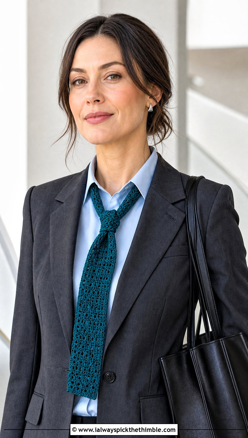Skinny Crochet Scarf With Blazer And Tailored Trousers - 15 Light Crochet Scarf outfit ideas