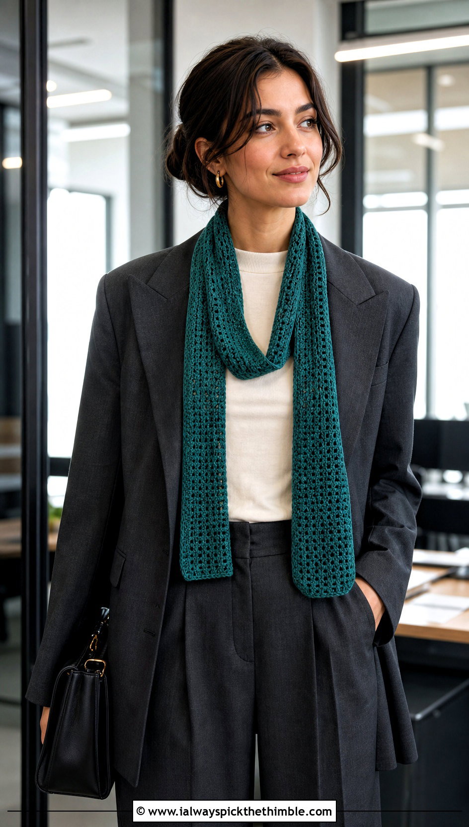 Skinny Crochet Scarf With Blazer And Trousers - 20 crochet for scarfs outfit ideas