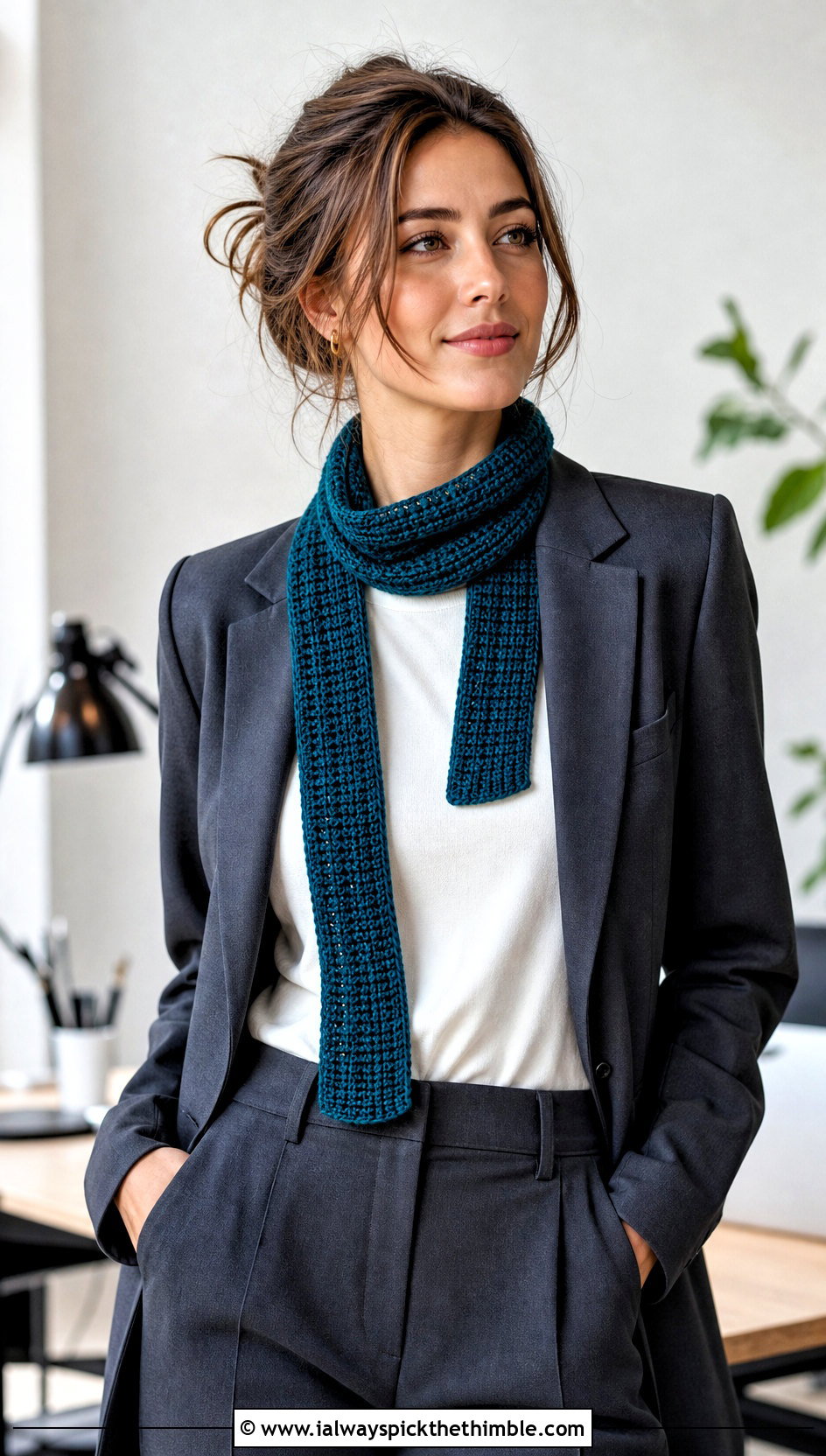 Skinny Crochet Scarf With Blazer And Trousers - 20 crochet scarf design ideas