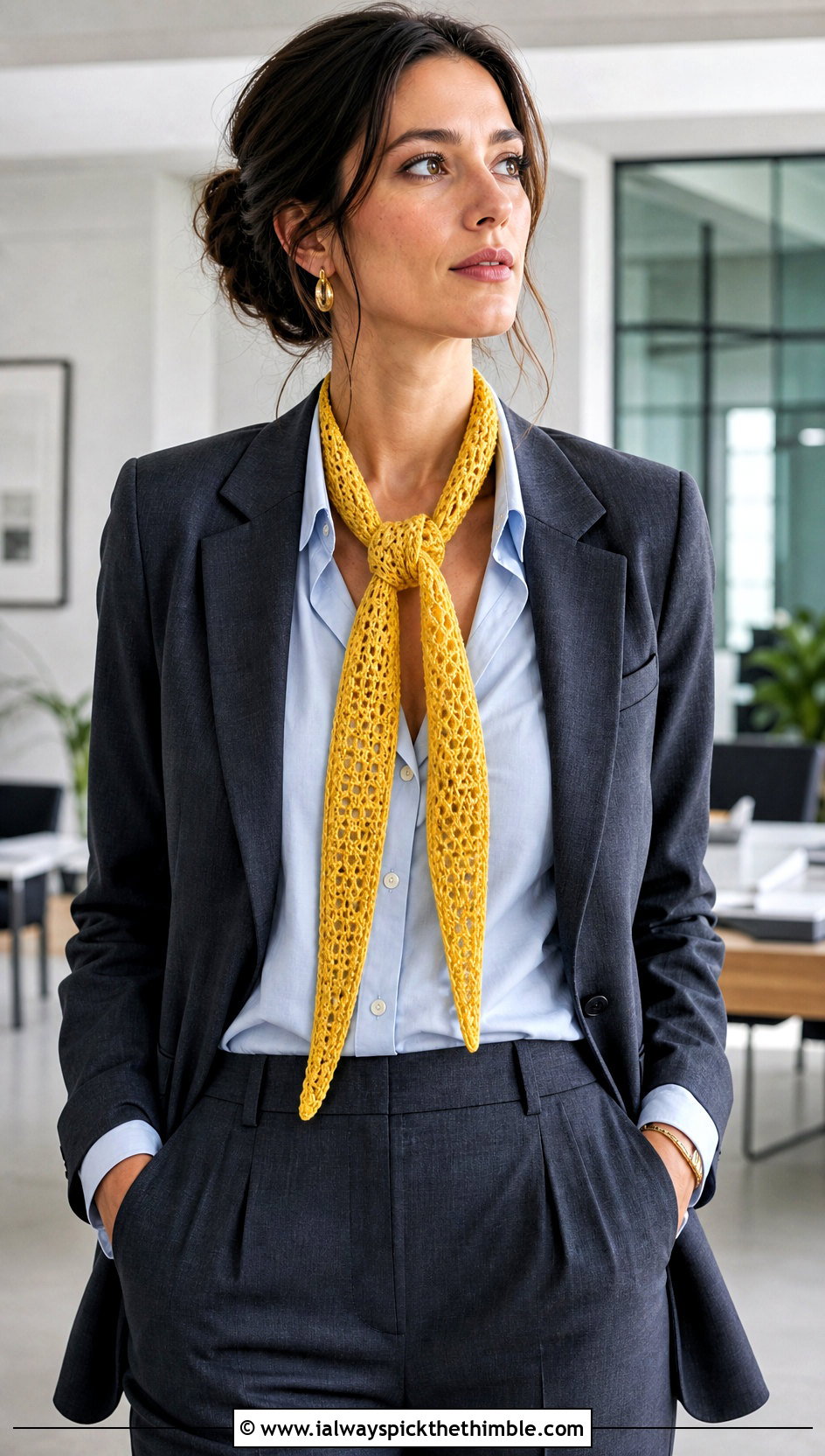 Skinny Crochet Scarf With Blazer And Trousers - 20 Quick And Easy Crochet Scarf outfit ideas