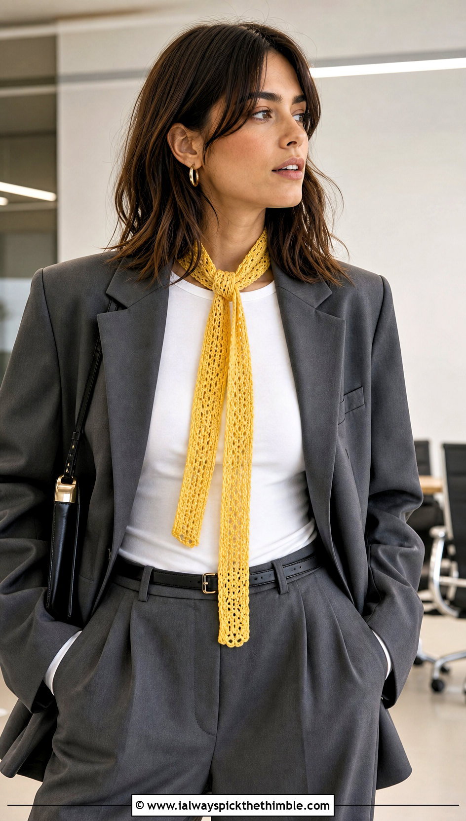 Skinny Crochet Scarf With Blazer And Trousers - 25 fun crochet scarf outfit ideas