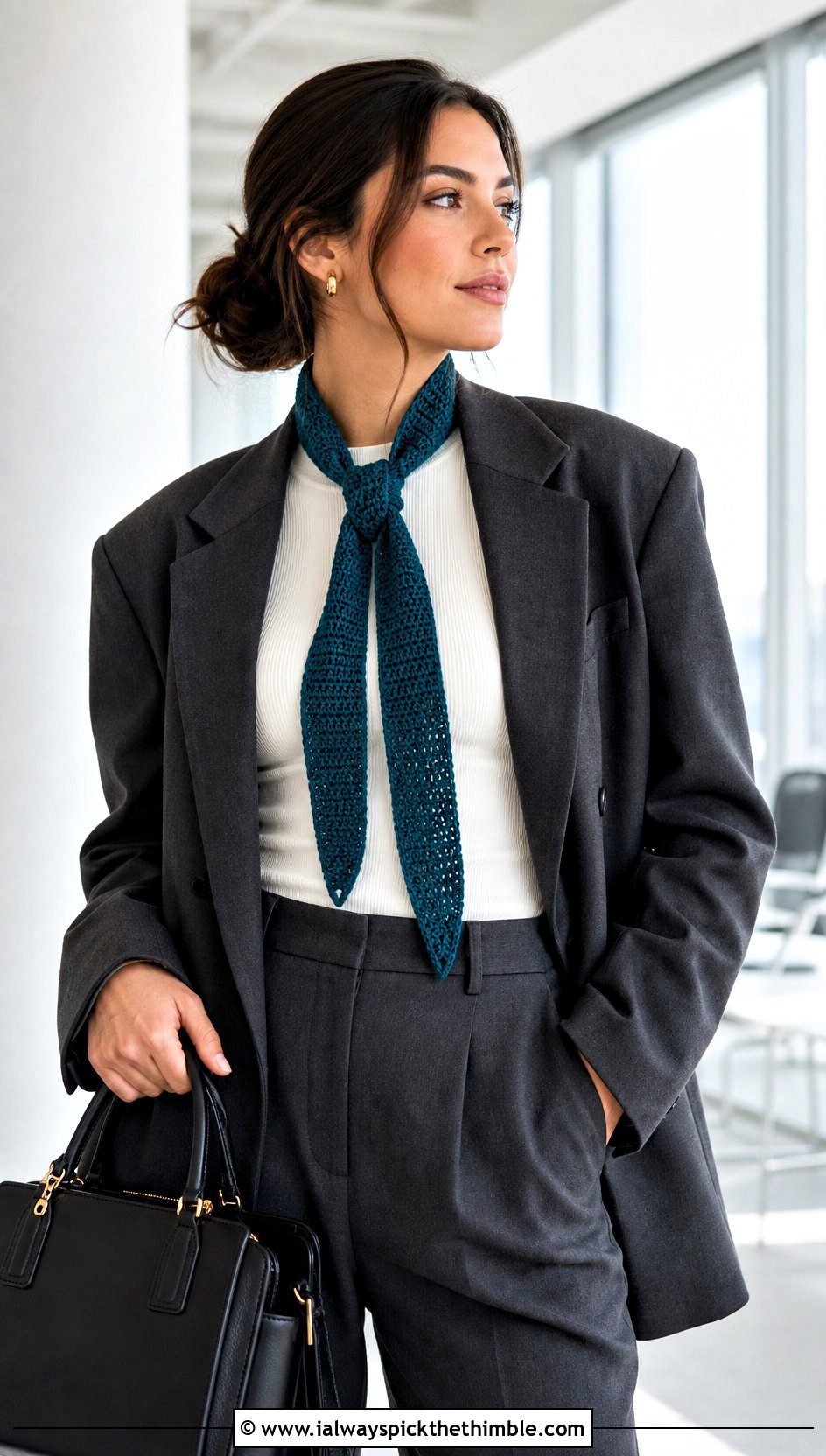 Skinny Crochet Scarf With Blazer And Trousers - 15 Vibrant Crochet Scarf outfit ideas