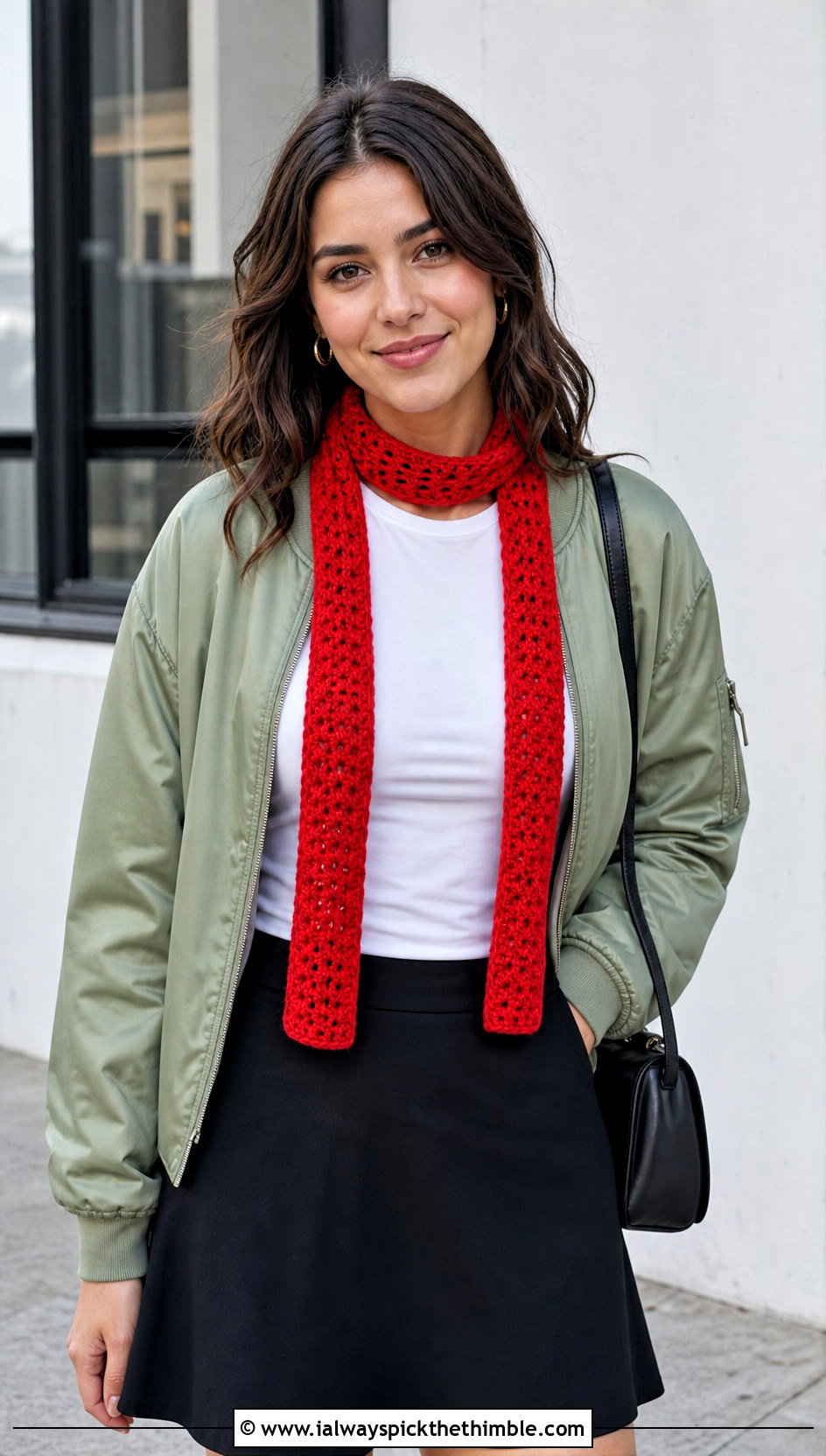 Skinny Crochet Scarf With Bomber Jacket And Mini Skirt - 20 one row repeat crochet scarf outfit ideas