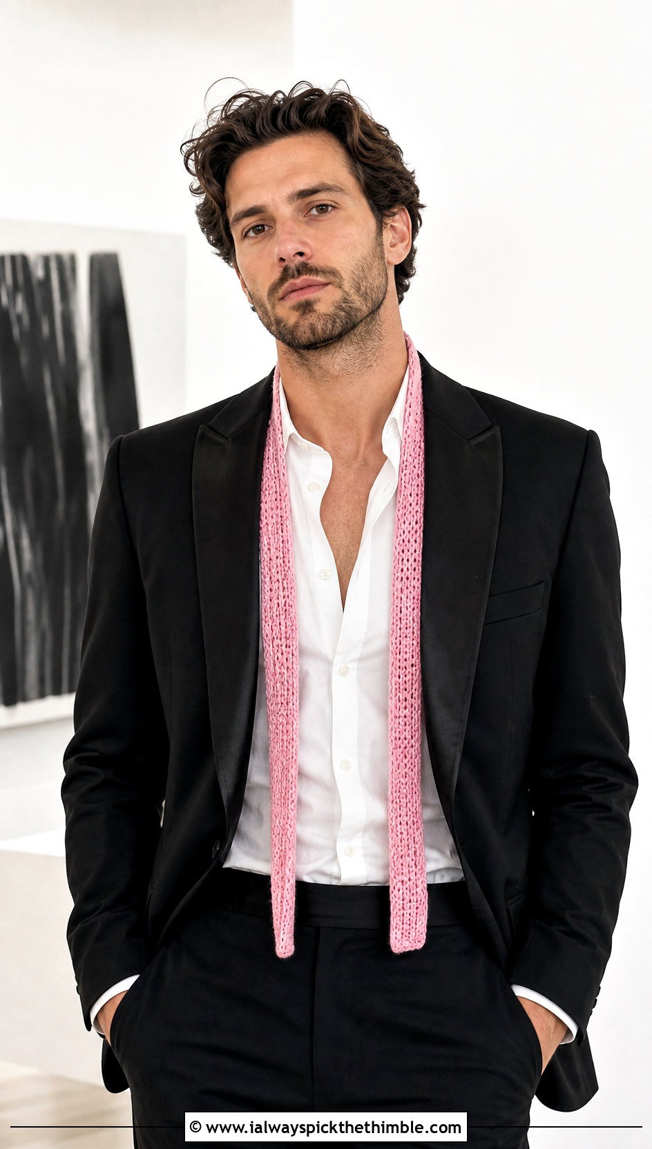 Skinny Crochet Scarf With Evening Blazer - 20 easy crochet scarf men outfit ideas