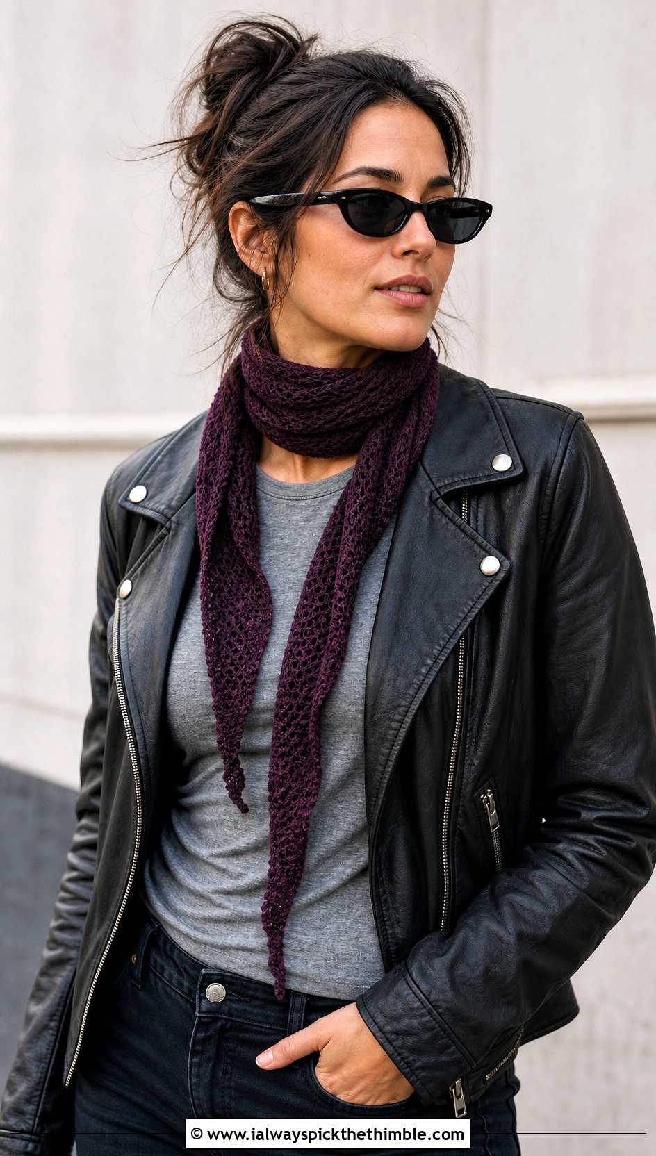 Skinny Crochet Scarf With Leather Jacket - 20 Multifunctional Crochet Scarf outfit ideas