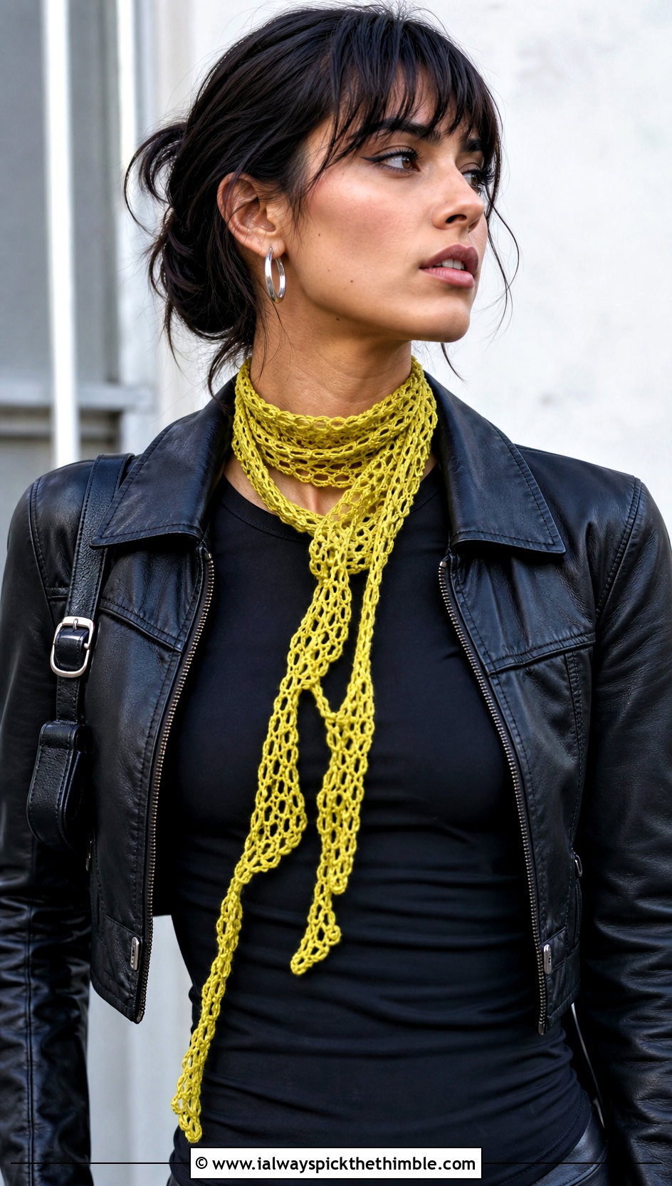 Skinny Crochet Scarf With Leather Jacket - 15 Crochet Fancy Scarf outfit ideas