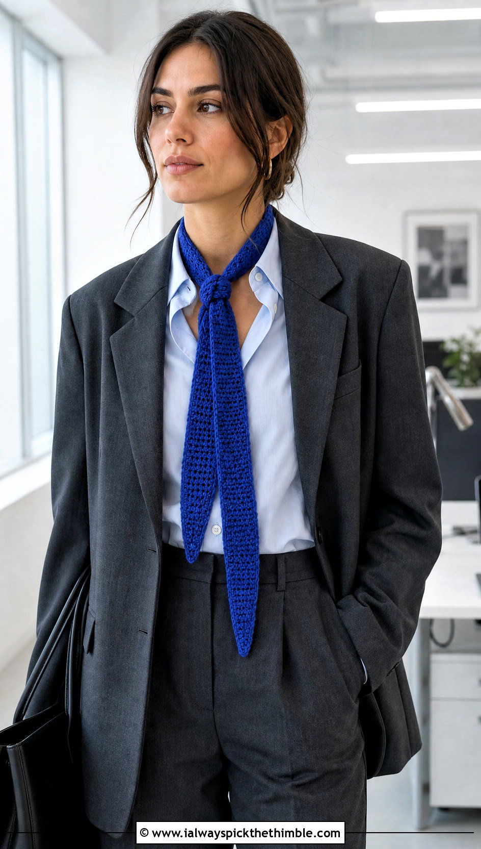 Skinny Crochet Scarf With Oversized Blazer - 20 unique crochet scarf outfit ideas