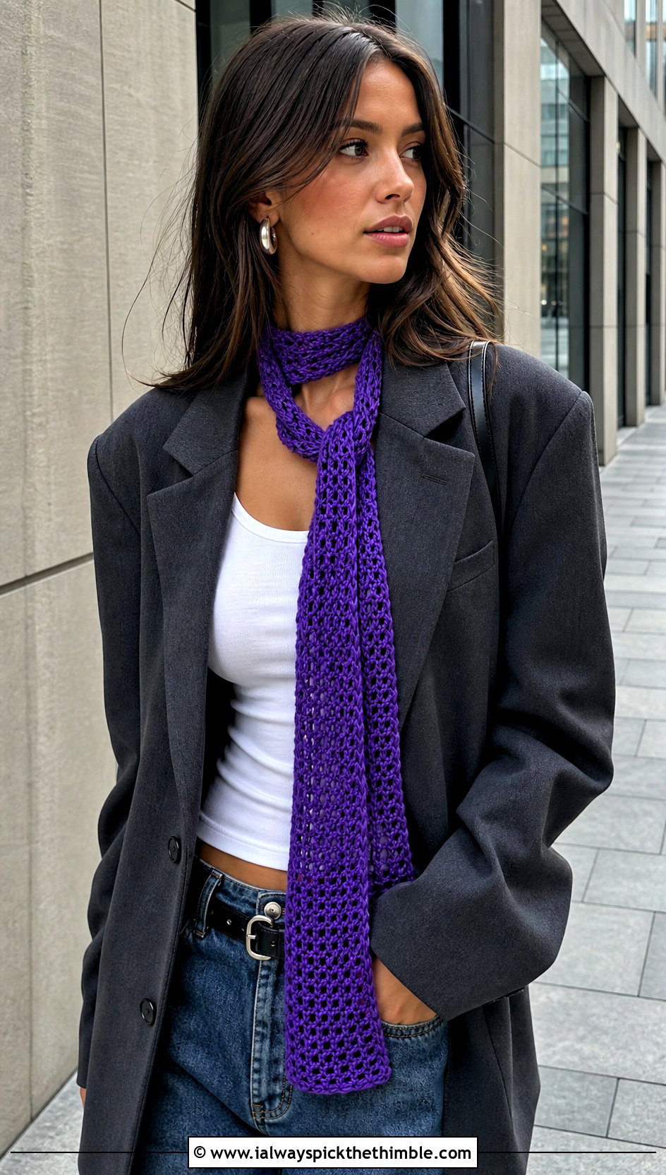 Skinny Crochet Scarf With Oversized Blazer - 20 pretty crochet scarf outfit ideas