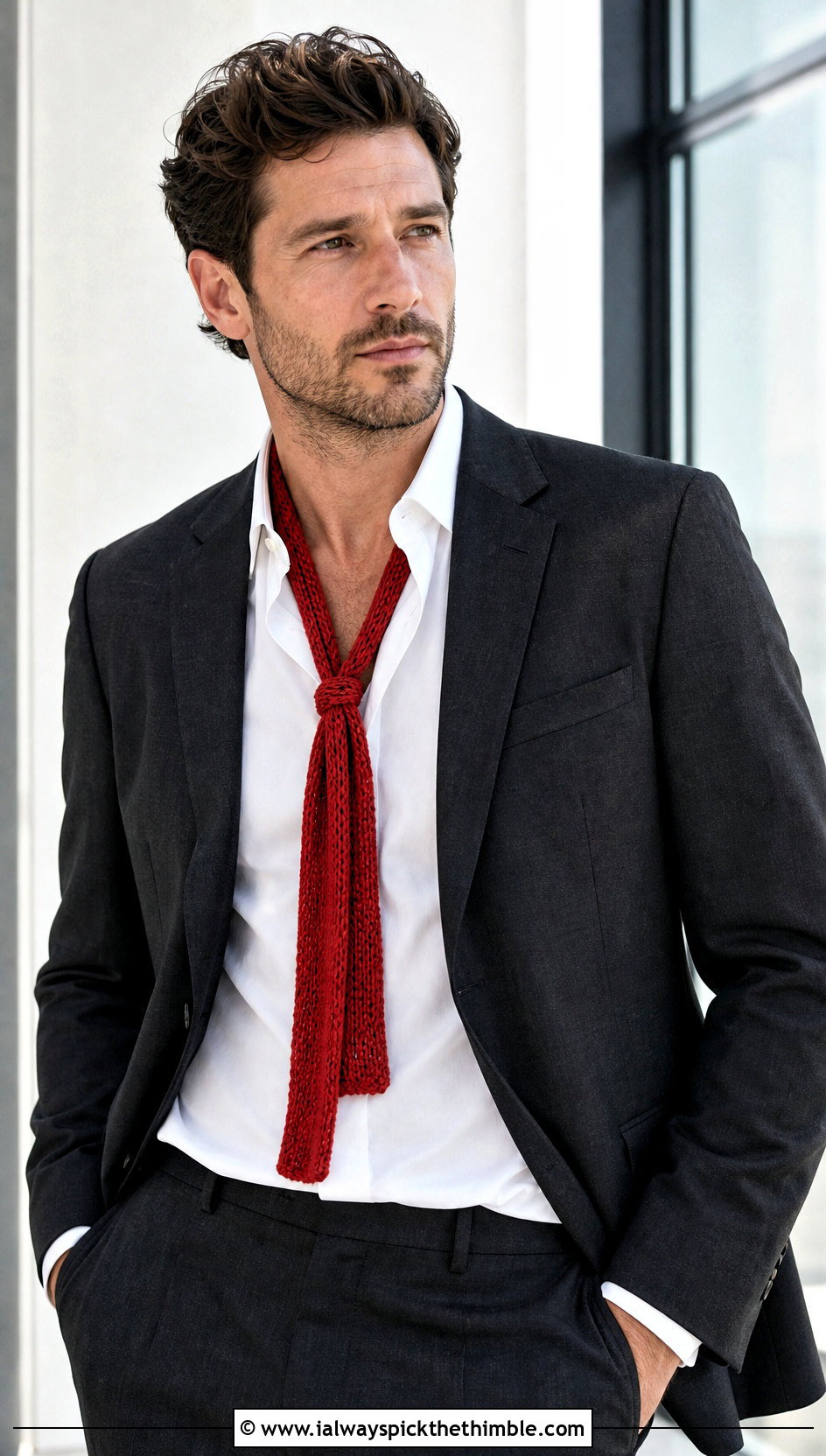 Skinny Crochet Scarf With Relaxed Suit - 20 men's crocheted scarf outfit ideas