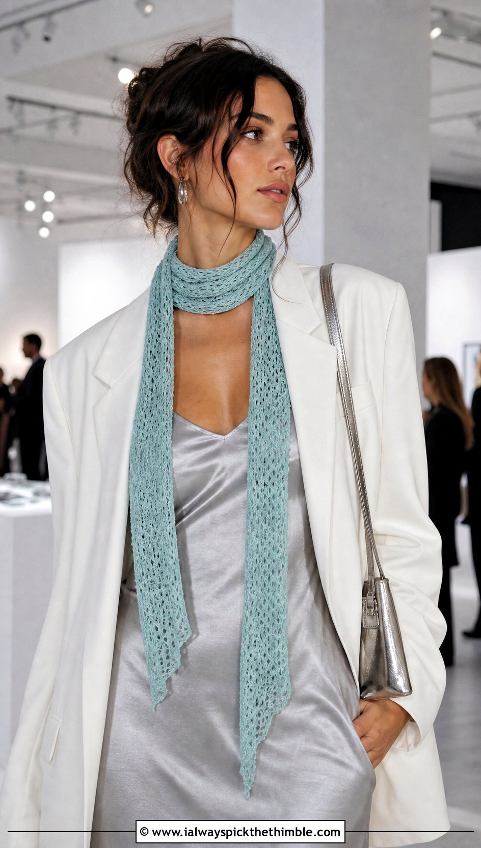 Skinny Crochet Scarf With Slip Dress - 20 Crochet Scarf For Beginners outfit ideas